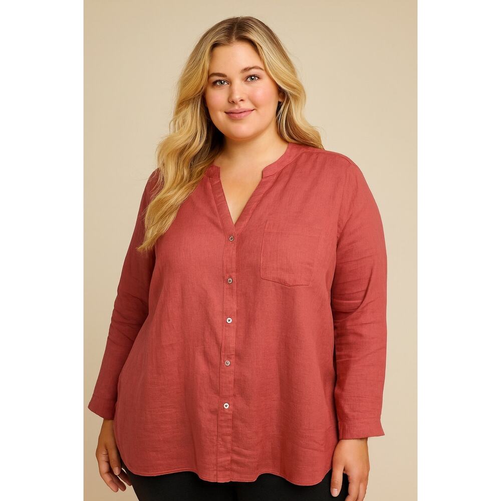 Grace Elements Tunic Top 100% Linen Button Front Long Sleeve Salmon 2x